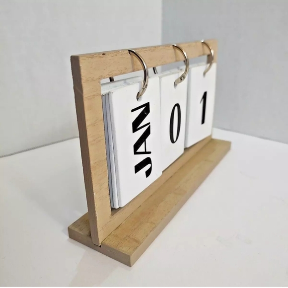 Neutral Tranquility Perpetual Calendar Metal & Wood Black White Brown Tabletop - Picture 3 of 9